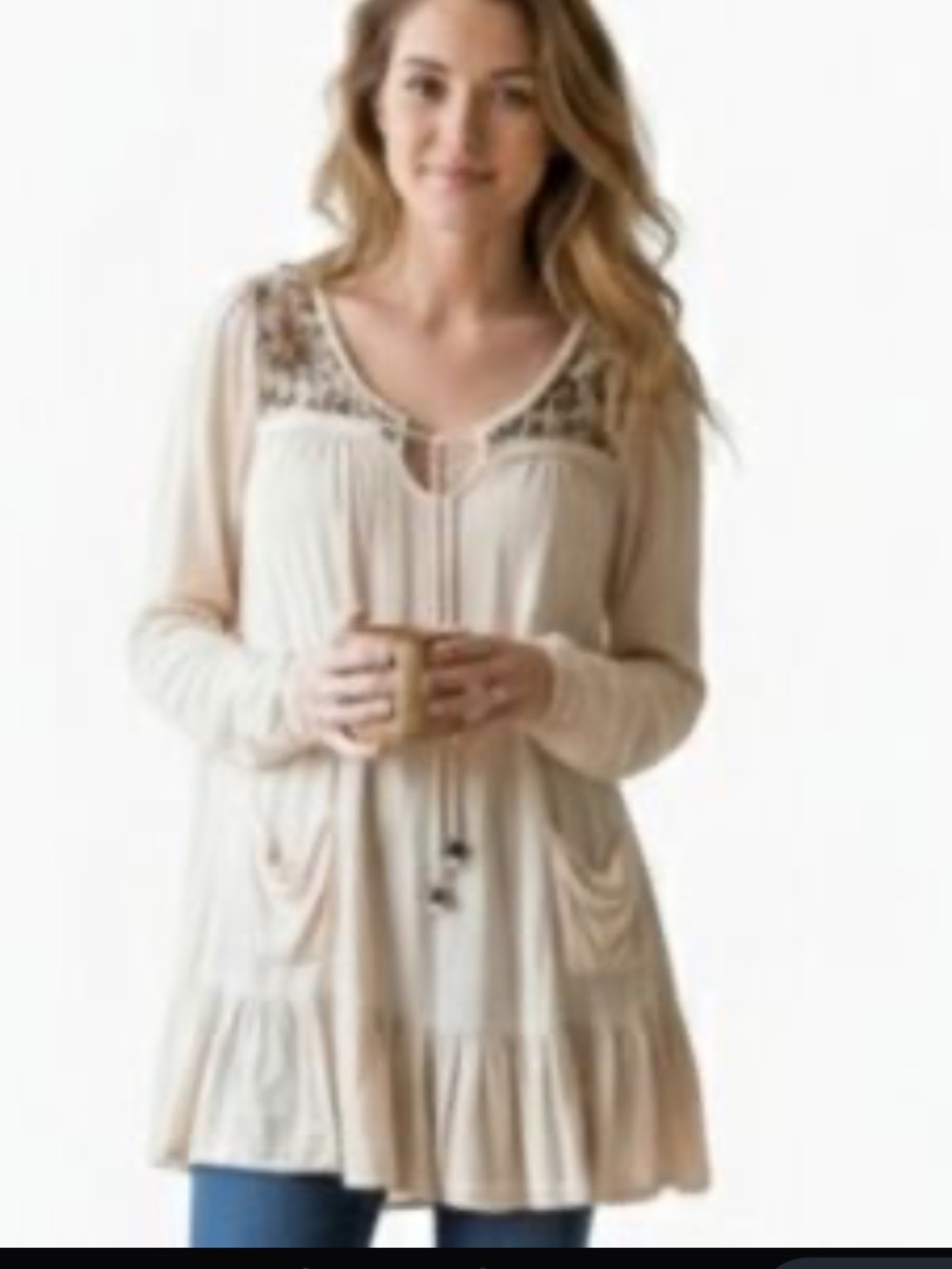 Altar'd State Cream Embroidered Yoke Tunic with Tie Front and Pockets. Medium